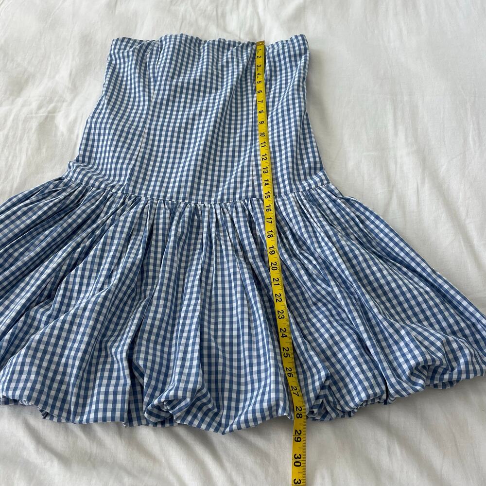 Abercrombie & Fitch Strapless Bubble Hem Mini Dress in Blue Gingham Medium Tall - Picture 6 of 11
